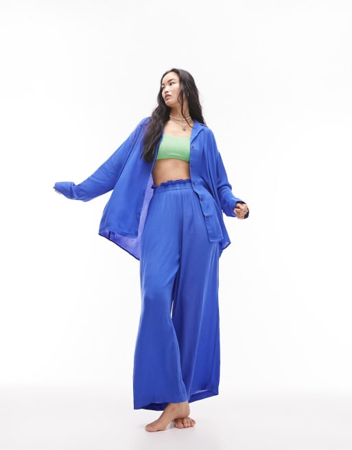 Topshop - Gekreukte strand co-ord set in kobaltblauw