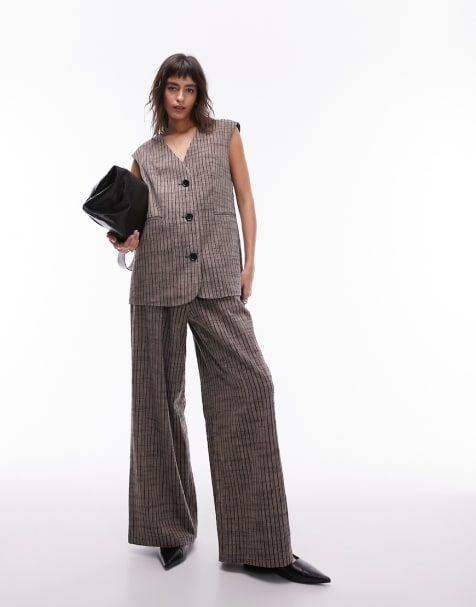 Topshop - Gestreepte co-ord set van linnen in bruin - view 1