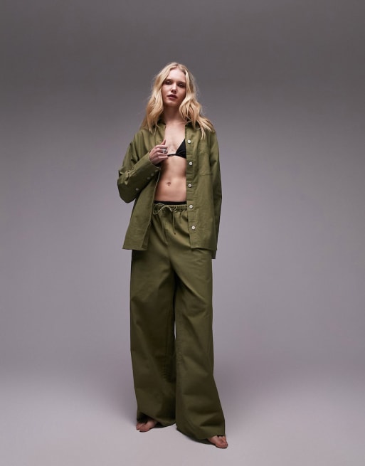 Topshop – Khakifärgat strandset i linnemix
