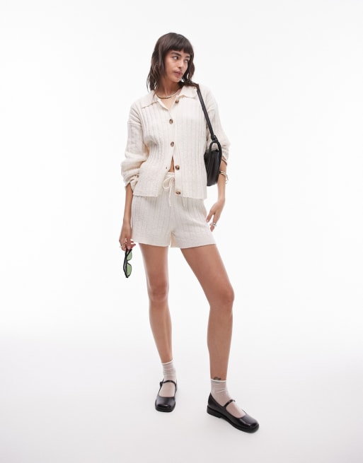 Topshop knit ribbed shorts and button through ribbed shirt set in ivory