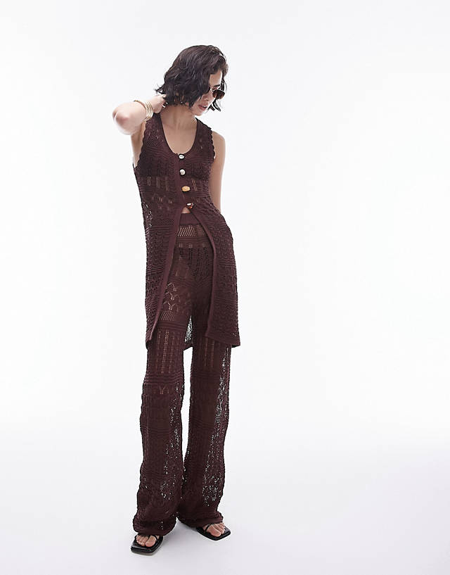 Topshop - knitted long line trouser waistcoat co-ord in brown