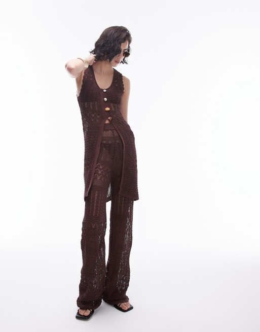 Topshop knitted long line trouser waistcoat co-ord in chocolate