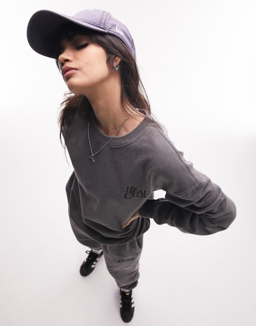 Topshop – Kombiteil in anthrazitfarbener Vintage-Waschung mit „Health Club“-Print