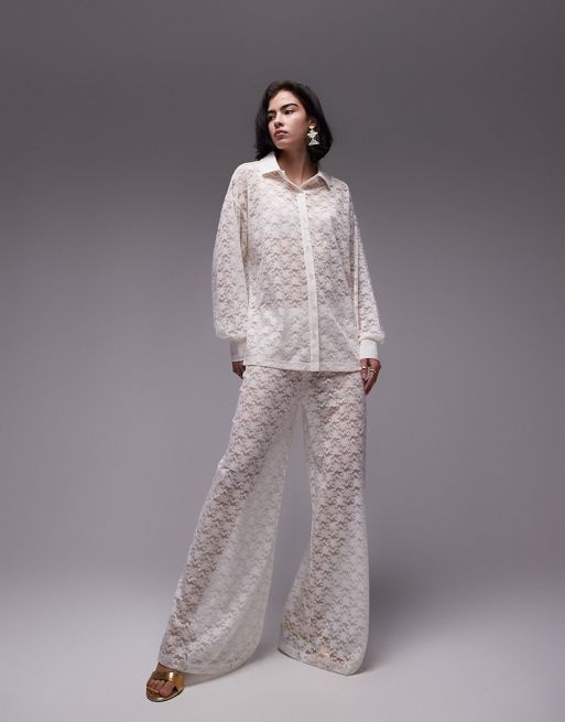 Topshop lace shirt and trouser co-ord in ecru