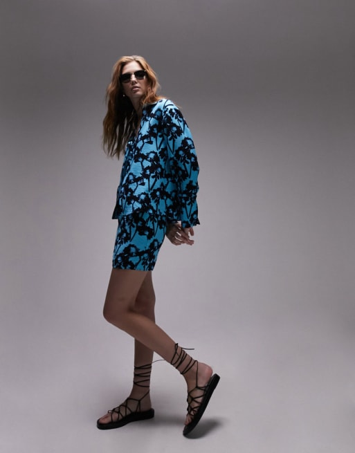 Topshop – Langärmliges Oberteil in Türkis mit Bindeband und Print, Kombiteil