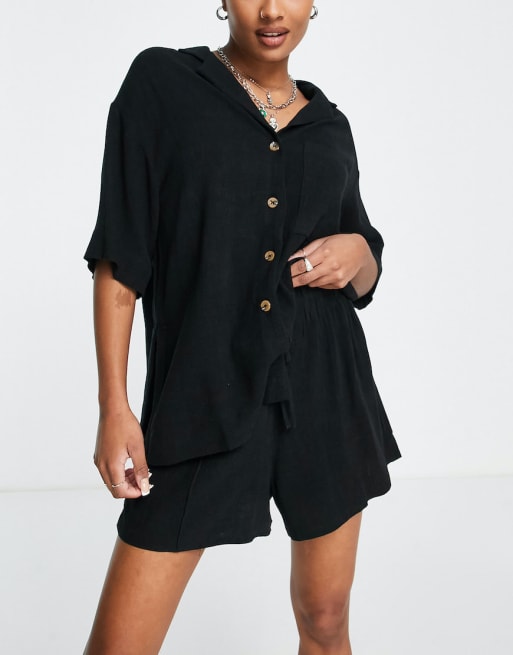 Topshop Petite - Camicia in lino nera con colletto aperto in coordinato