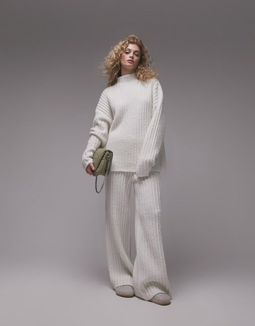 ASOS DESIGN knit sweater and wide leg pants set in cream