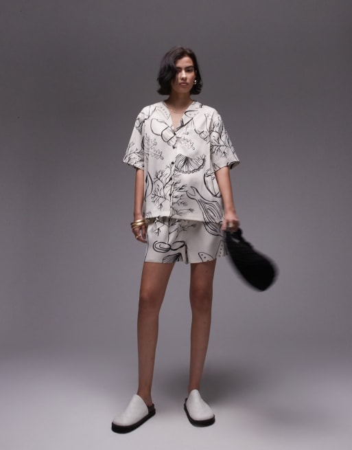 Topshop satin printed shell shirt and shorts set in ecru