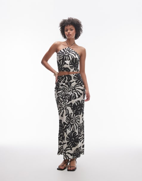 Topshop Tall satin set in mono fern smudge print - view 1