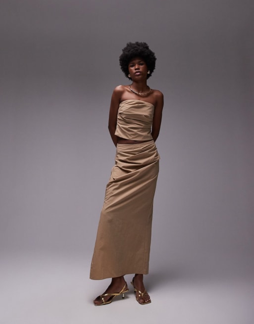 Topshop technical fabric ruched bandeau top in sand - part of a set
