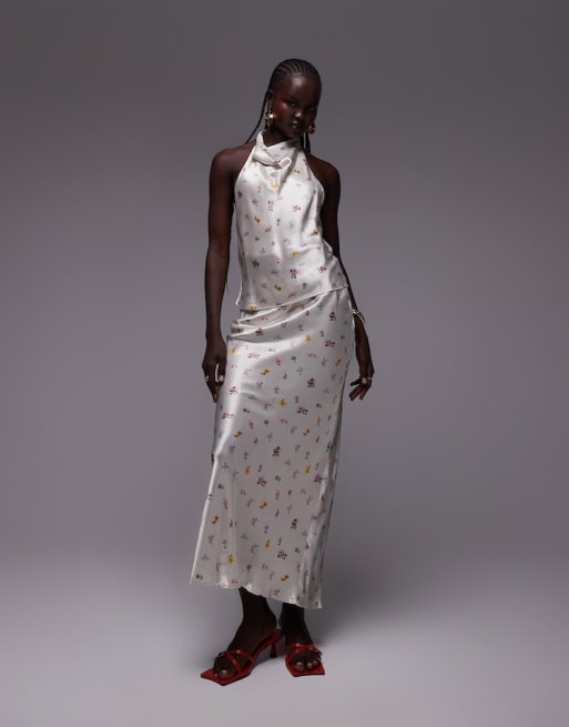 Topshop – Vitt, vintageblommigt set i satin, del av set