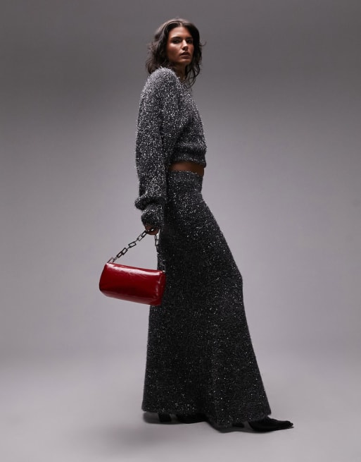 Topshot knit ovoid tinsel sweater and skirt set in charcoal
