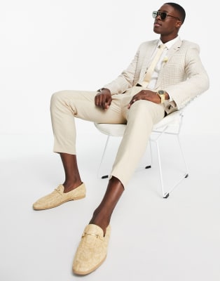 Traje ajustado con diseño de cuadros príncipe de Gales en color piedra de ASOS DESIGN wedding