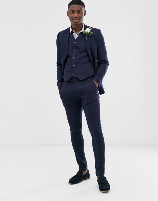 Traje azul marino muy ajustado con diseño de espiga de ASOS DESIGN Wedding