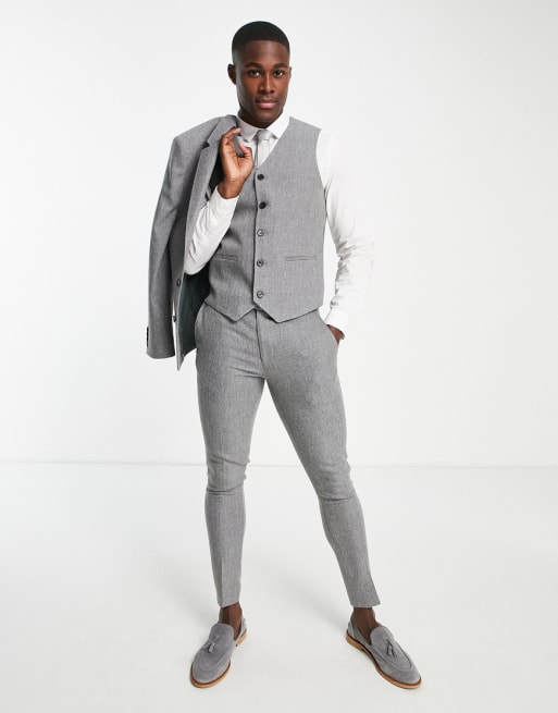 Traje color carbón de corte muy entallado con diseño de espiga de mezcla de lana de ASOS DESIGN