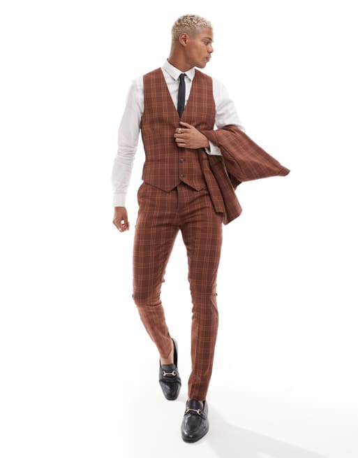 Traje color piedra a cuadros a tono de corte muy entallado de ASOS DESIGN