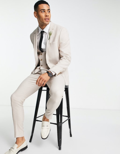 Traje color piedra de corte muy entallado con textura de ojo de perdiz de ASOS DESIGN Wedding