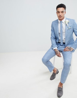 Traje de boda de corte slim en lino azul de Noak