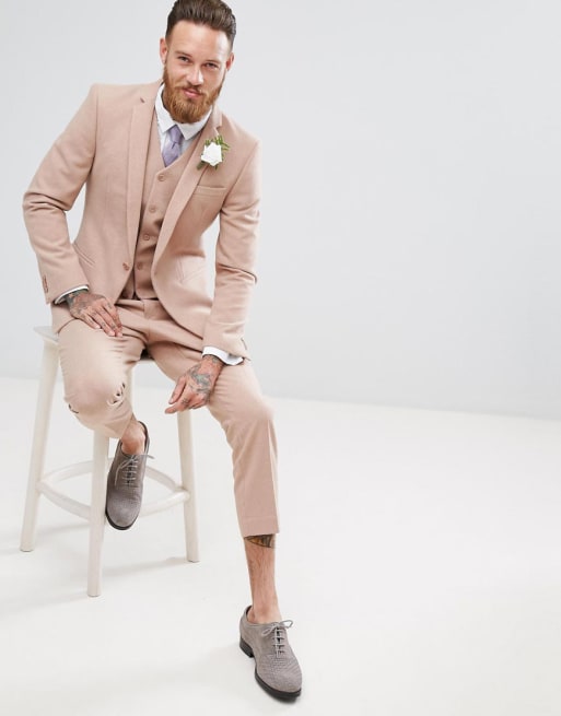 Traje de corte ajustado en rosa claro de mezcla de lana de ASOS Wedding 