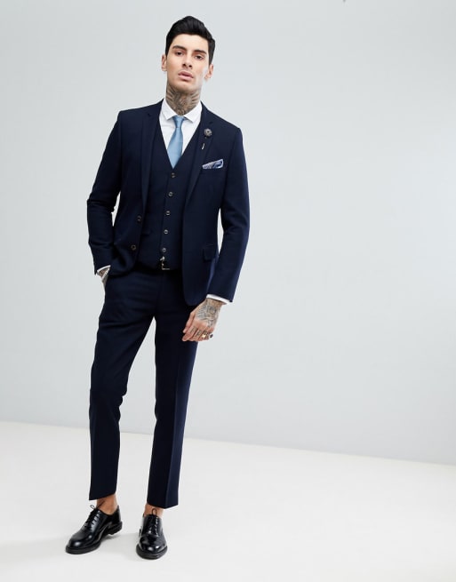 Traje de corte slim azul marino de tejido de esterilla de Harry Brown 