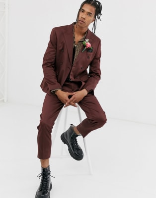 Traje de corte slim de doble botonadura de algodón en burdeos de ASOS DESIGN Wedding