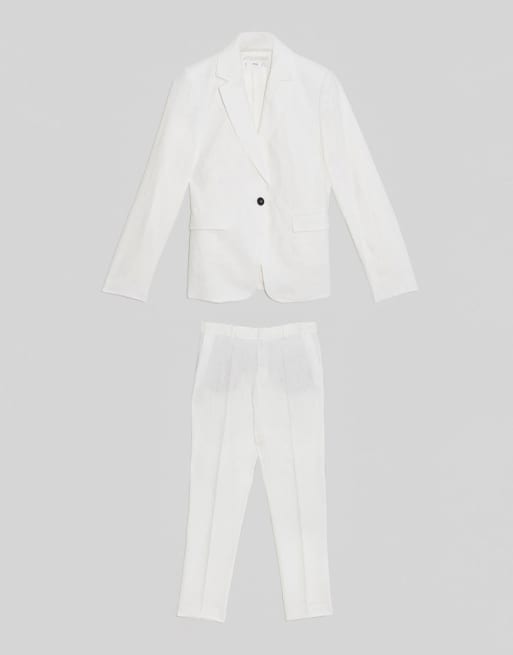 Traje de pantalones y americana de lino en blanco de Mango