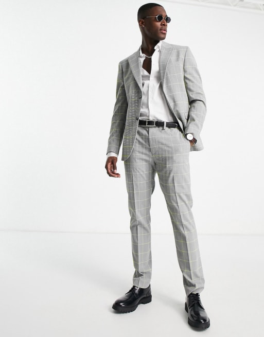 Traje entallado a cuadros color lima y gris de Topman