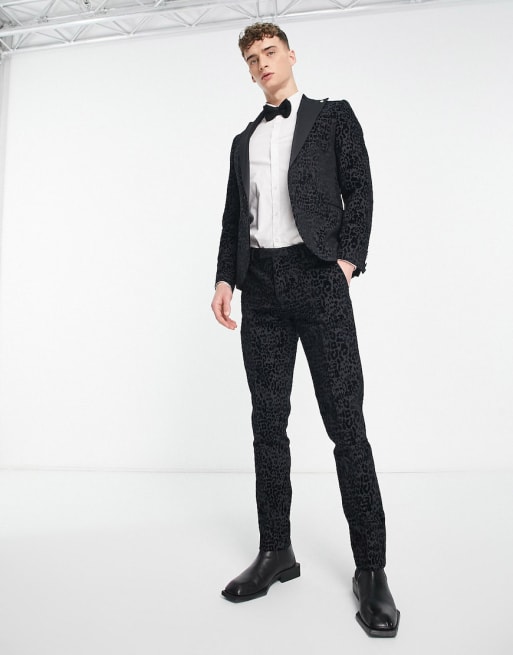 Traje gris carbón entallado con estampado flocado de leopardo Helfand de Twisted Tailor