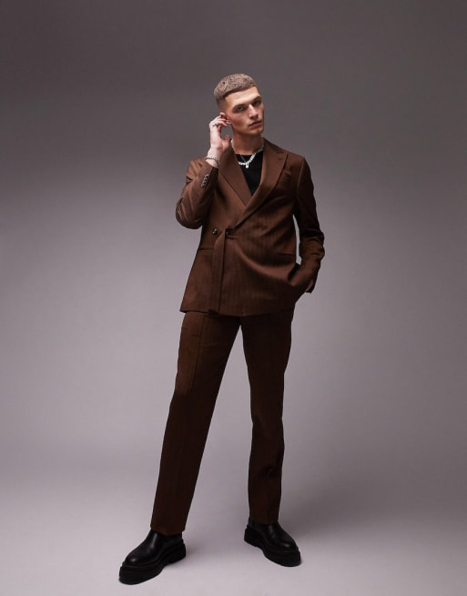 Traje marrón con patrón de espiguilla de mezcla de lana de Topman