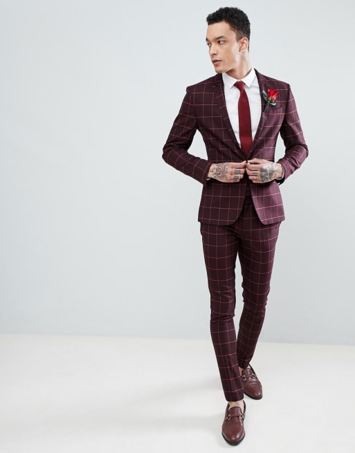 Traje muy ajustado con diseño a cuadros tipo cuadrícula en color vino y naranja de ASOS DESIGN Wedding