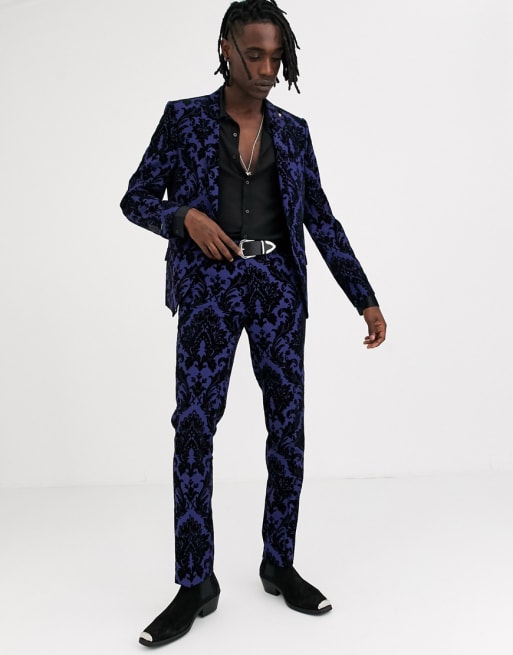 Traje muy entallado con relieve barroco en azul de Twisted Tailor