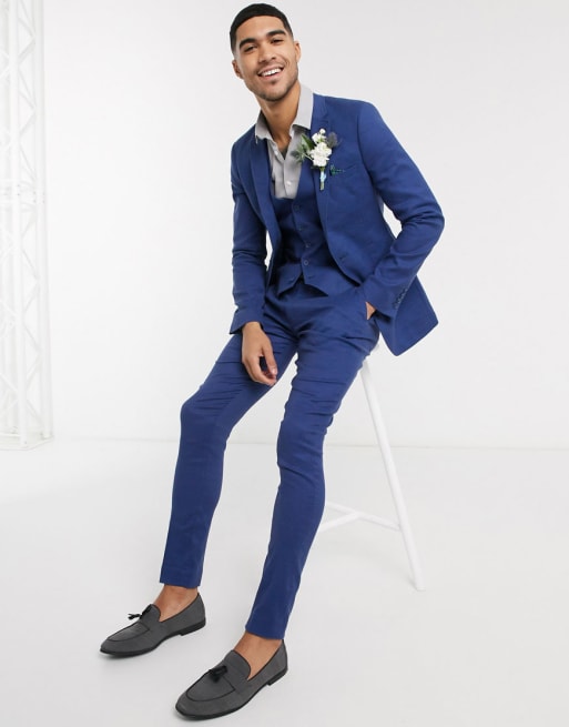 Traje muy entallado en tejido de lino de algodón elástico en azul marino de ASOS DESIGN Wedding