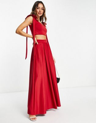 True Violet exclusive bow shoulder crop top and maxi skirt with pockets co-ord i