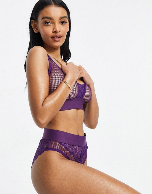 Tutti Rouge fishnet and lace detail high waist brief in purple