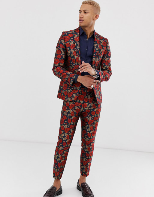 Tux Till Dawn – Broderad kostym i jacquard med smal passform och vallmomönster