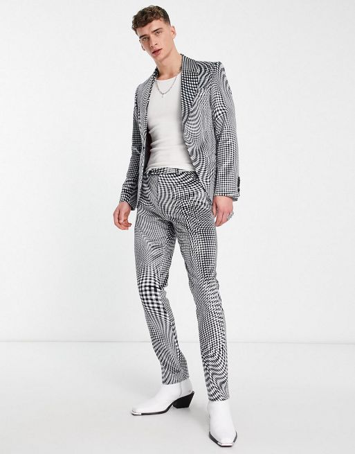 Twisted Tailor amoros skinny suit in black and white warped check print ...
