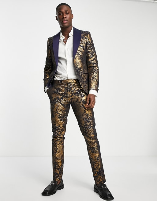 Twisted Tailor Armanto skinny suit pants in navy with gold foil print - part of a set