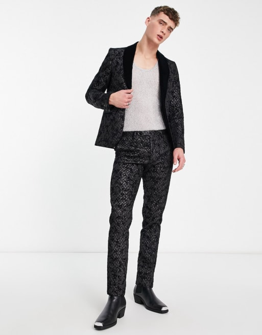 Twisted Tailor barbee smoking suit in black jacquard with floral embroidery