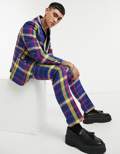Twisted Tailor suit trousers in large purple and blue check
