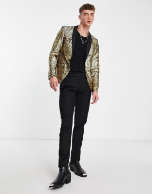 Twisted Tailor kalman skinny suit in black velour with gold foil