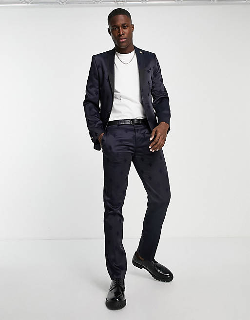 Twisted Tailor Morata skinny suit co-ord in navy with bee jacquard flocking