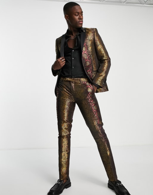 Twisted Tailor Navarrette skinny suit in burgundy with gold snakeskin - part of a set