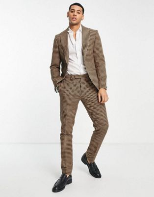 Twisted Tailor Otlam Skinny suit set in dark brown micro check