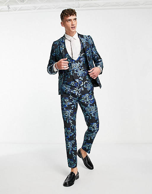 Twisted Tailor Owsley suit set in black with teal and mint floral jacquard