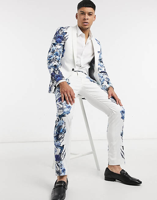 wandelen Kloppen hoop Twisted Tailor - Pak met gespiegeld blauwe bloemenprint in wit | ASOS