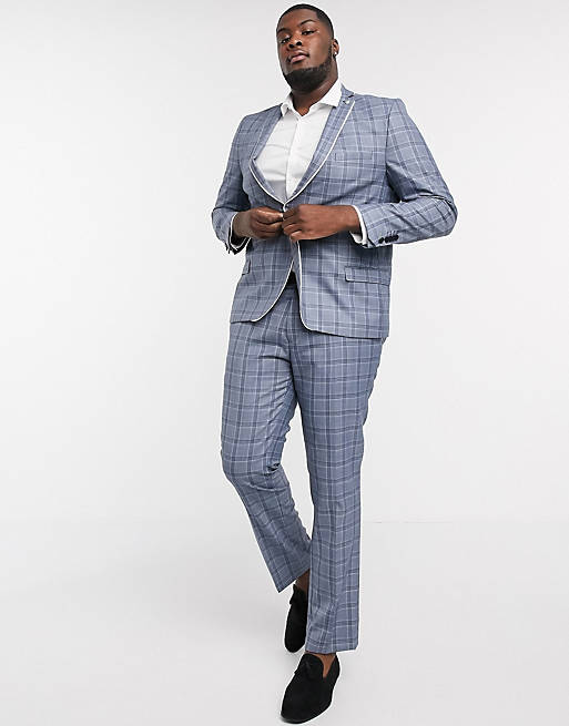 Twisted Tailor PLUS skinny suit set in blue check with contrast piping ...