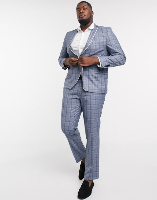 Twisted Tailor PLUS skinny suit set in blue check with contrast piping