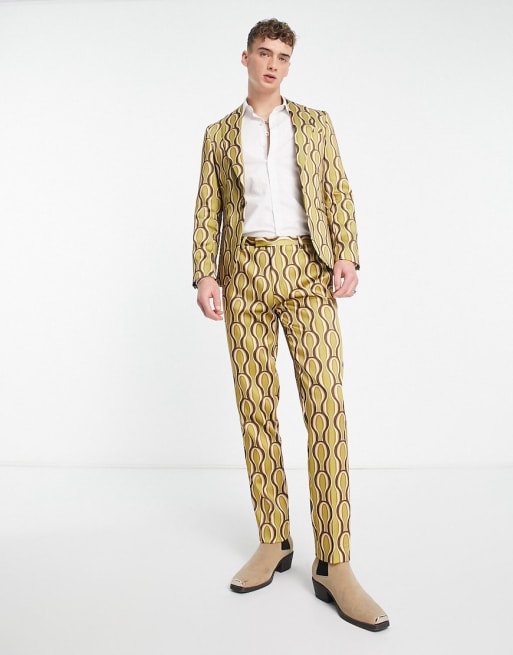 Twisted Tailor – Satin-Anzug in Grün mit Wirbelmuster im 70er-Stil