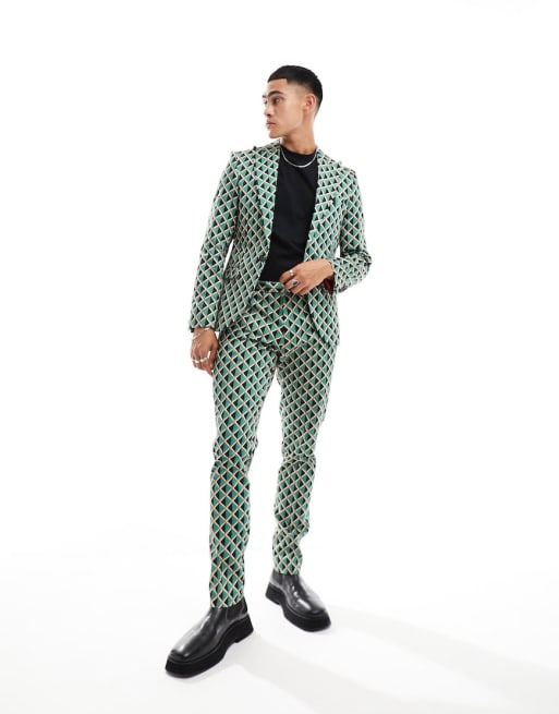 Twisted Tailor shadoff suit in green with geometric vintage print