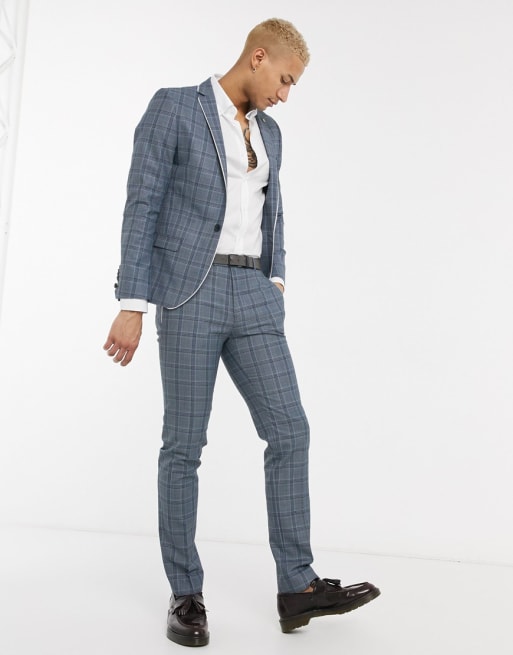 Twisted Tailor skinny suit set in blue check with contrast piping